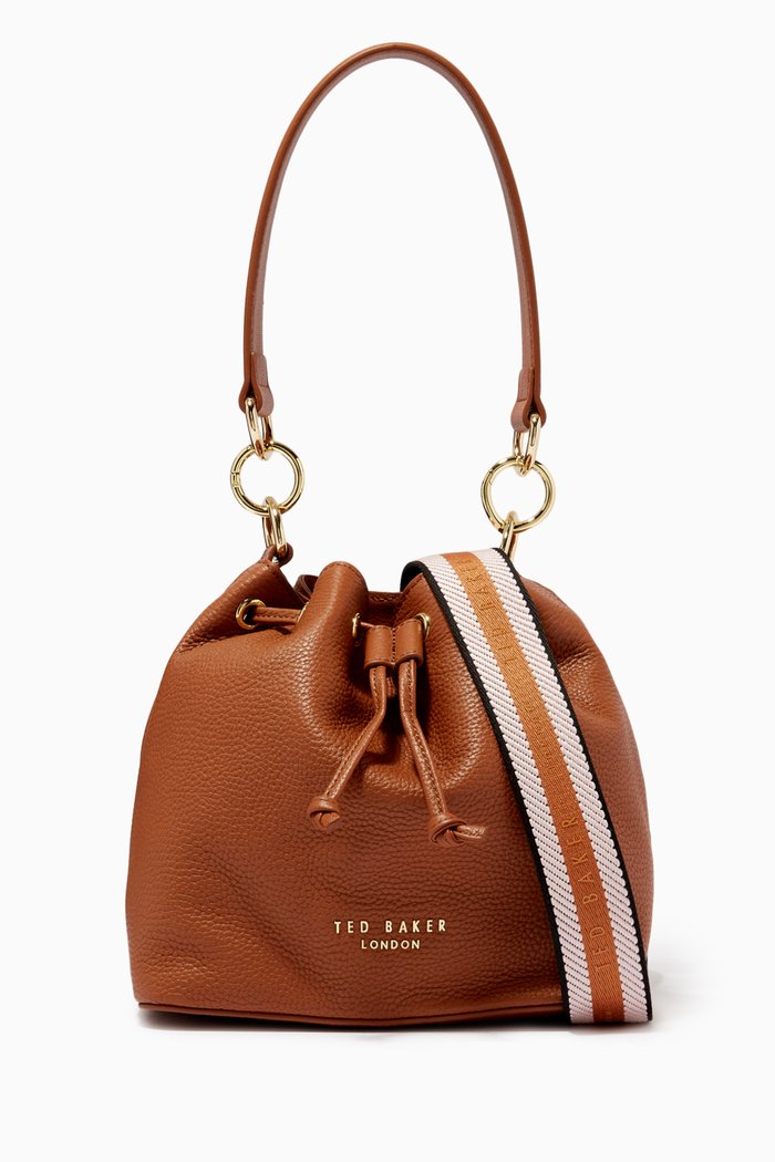 

Aminah Bucket Bag with Webbing Strap in Leather, Brown