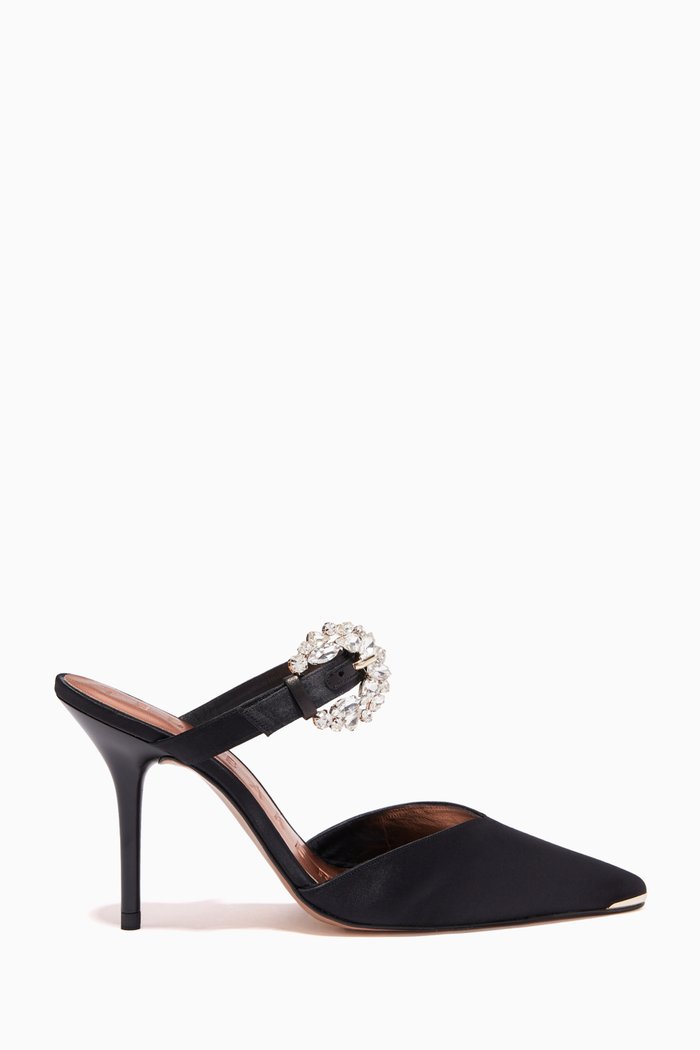 Dazzel Mules with Crystal Buckle in Satin, Black