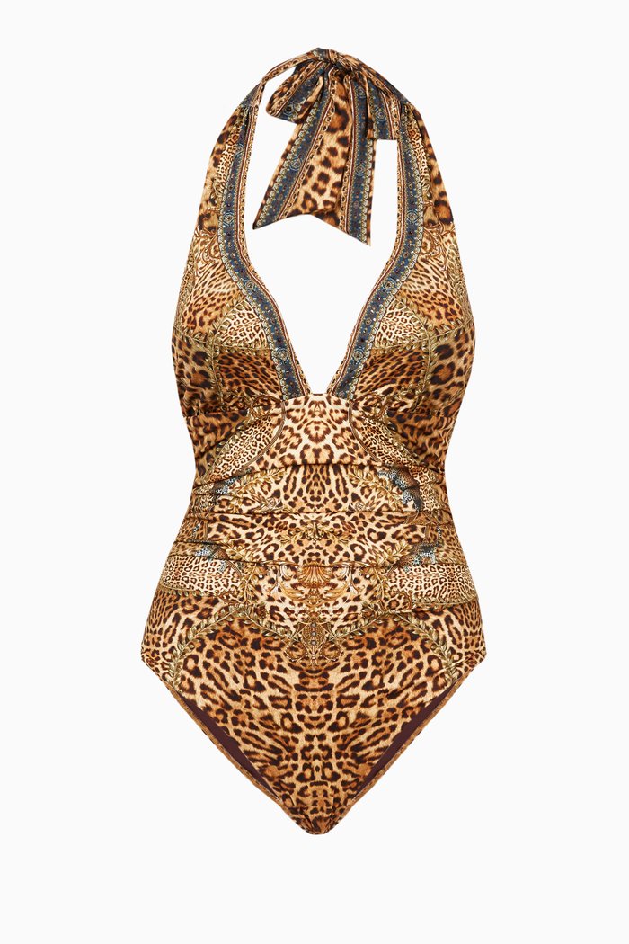 Lady Lodge Halter One Piece Swimsuit in Recycled Nylon, Brown