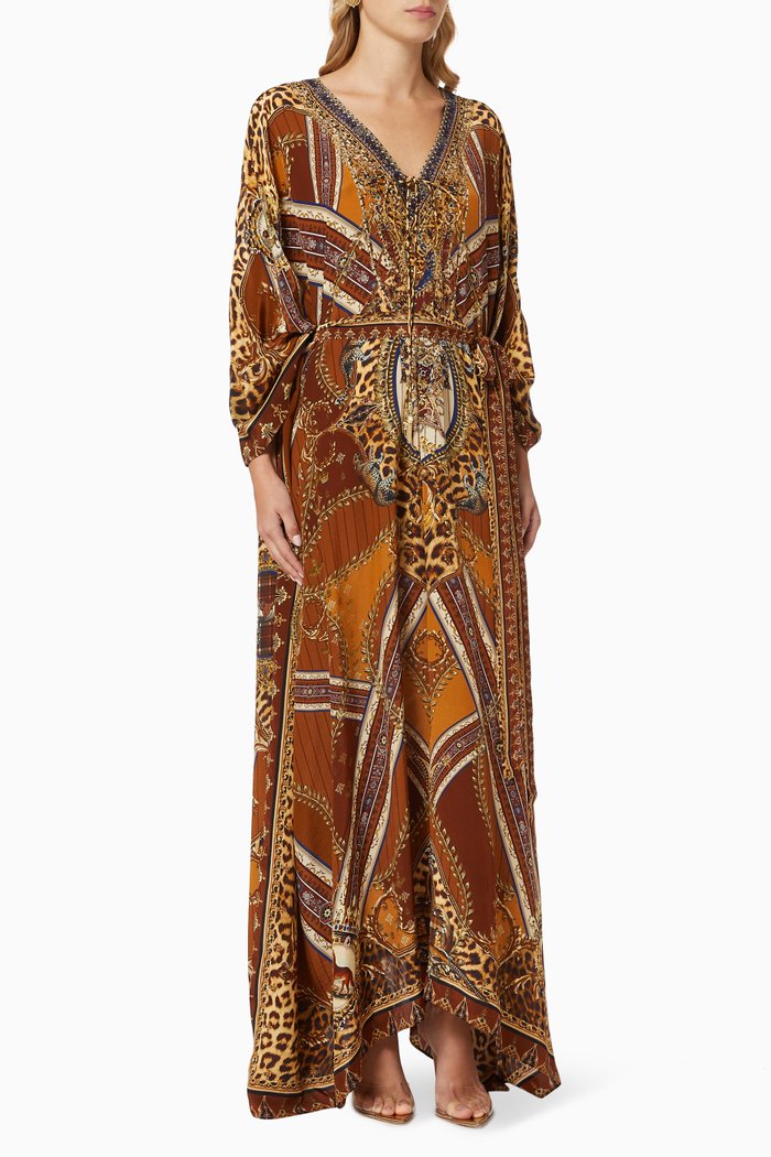 

Lady Lodge Split Hem Lace Up Kaftan in Silk, Brown
