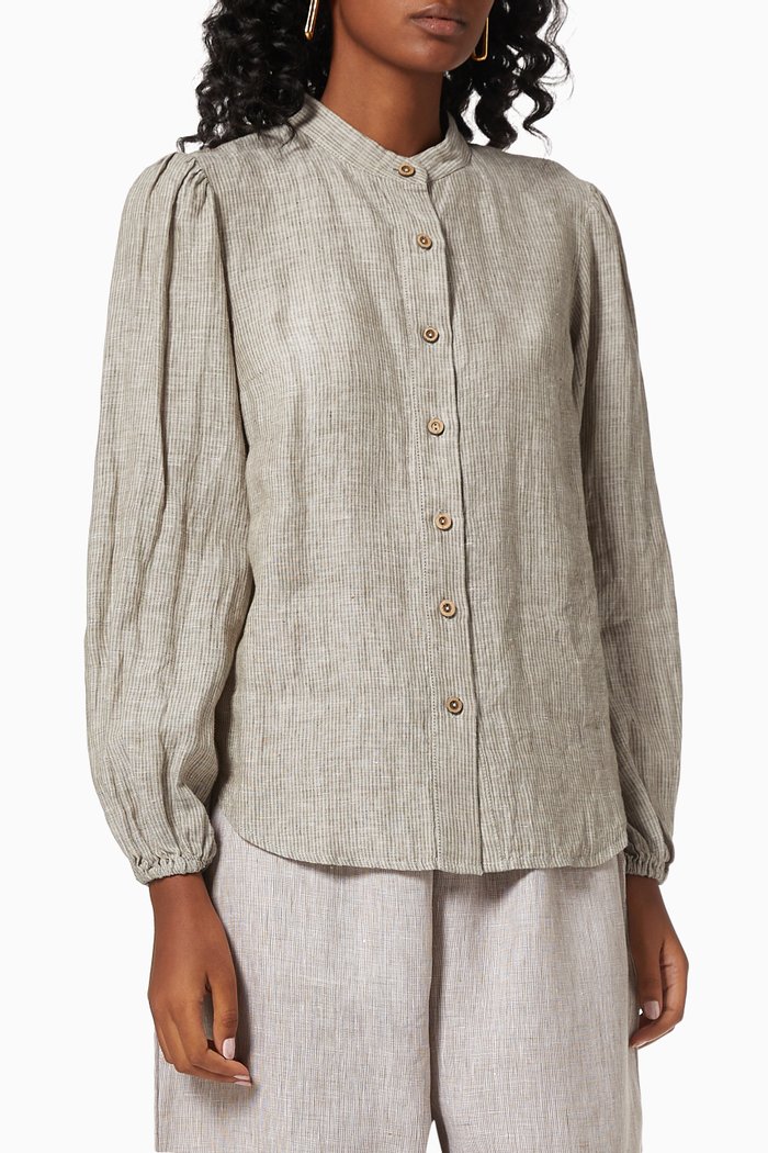 

Mariner Stripe Blouse in Linen, Blue
