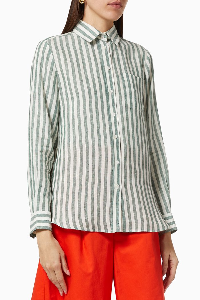 Guinea Shirt in Striped Washed Linen, Green