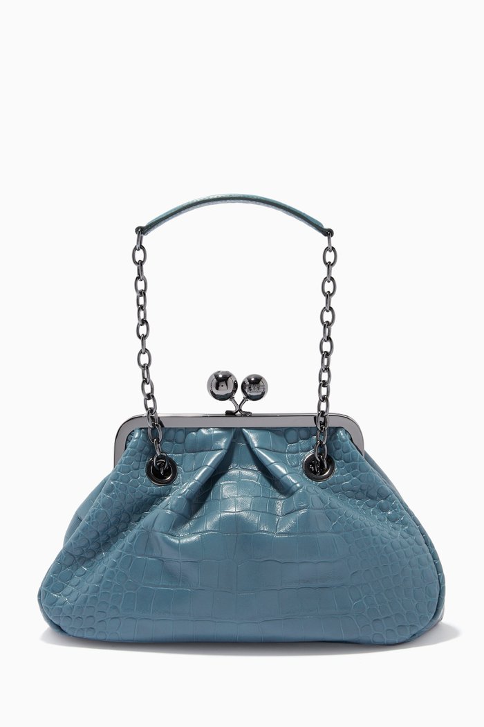 

Ovatta Pasticcino Bag in Shiny Crocodile-print Leather, Blue