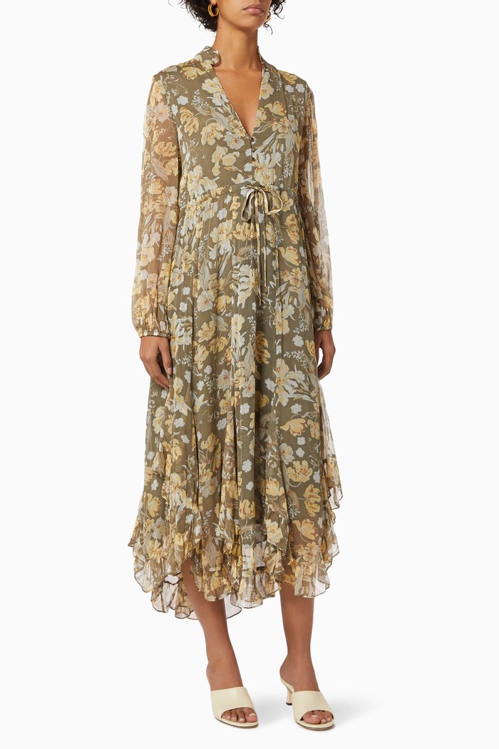 

Jolie Godet Dress with Floral Print, Green