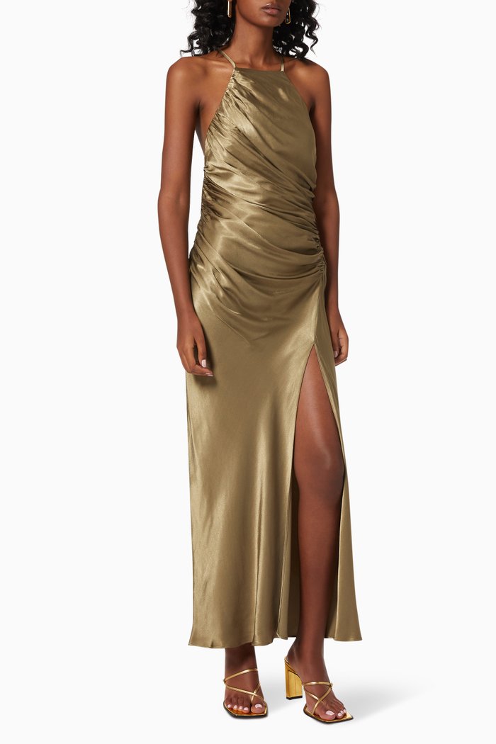 

Giselle Gathered Dress in Satin, Green