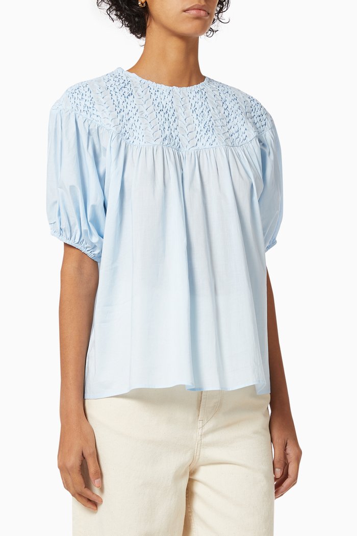 

Paz Smocked Blouse in Cotton, Blue