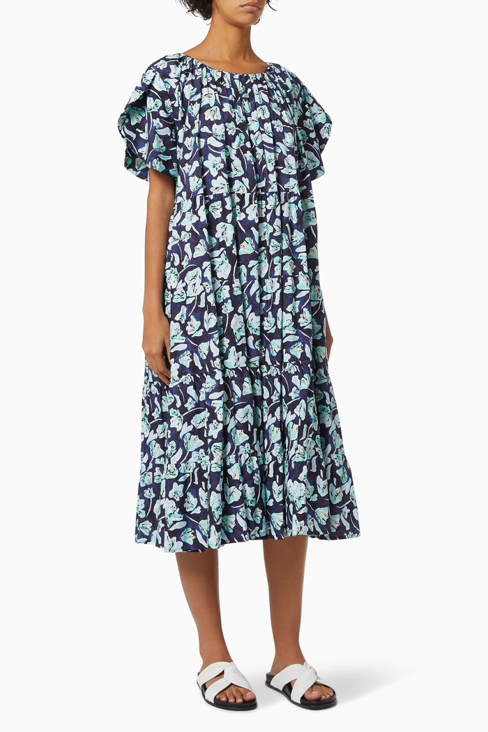 Alegra Tiered Dress in Cotton Poplin, Blue