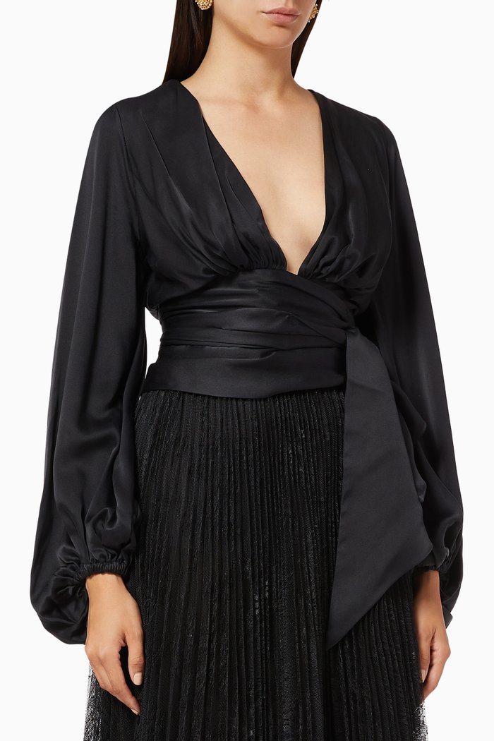 

Draped Blouse in Silk Satin, Black