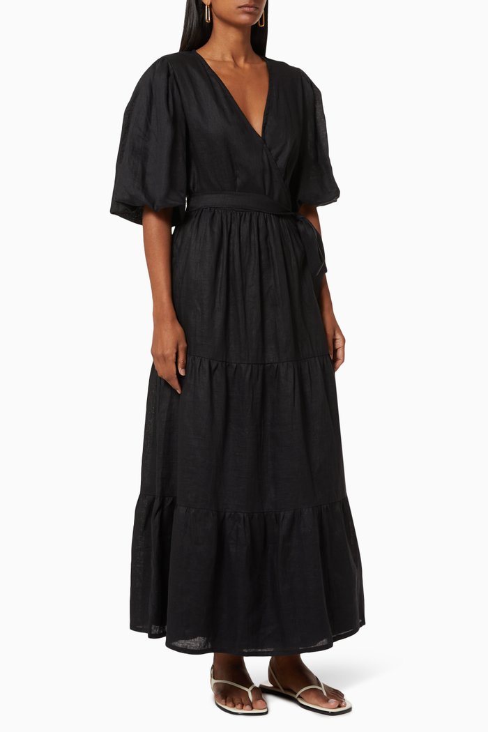 

Edee Wrap Dress in Linen, Black