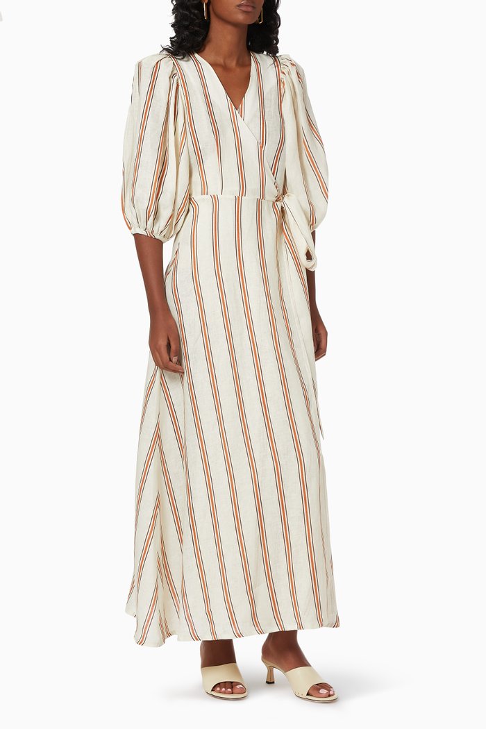 

Ermita Stripe Wrap Dress in Linen, Orange
