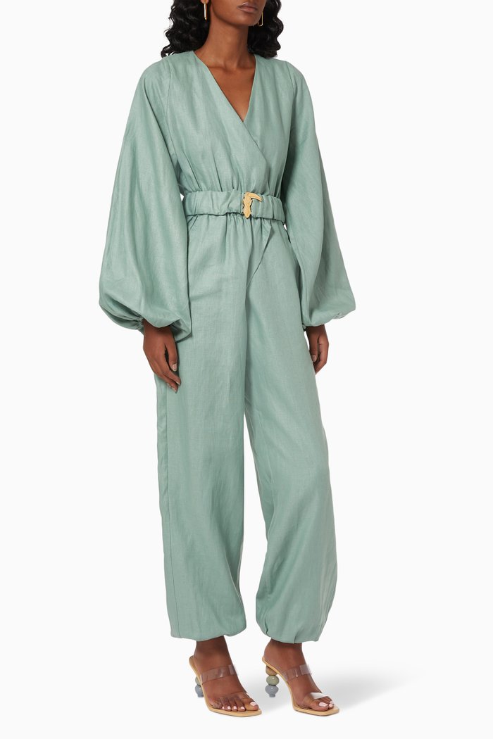 

Tumbao Belted Jumpsuit in Linen, Blue