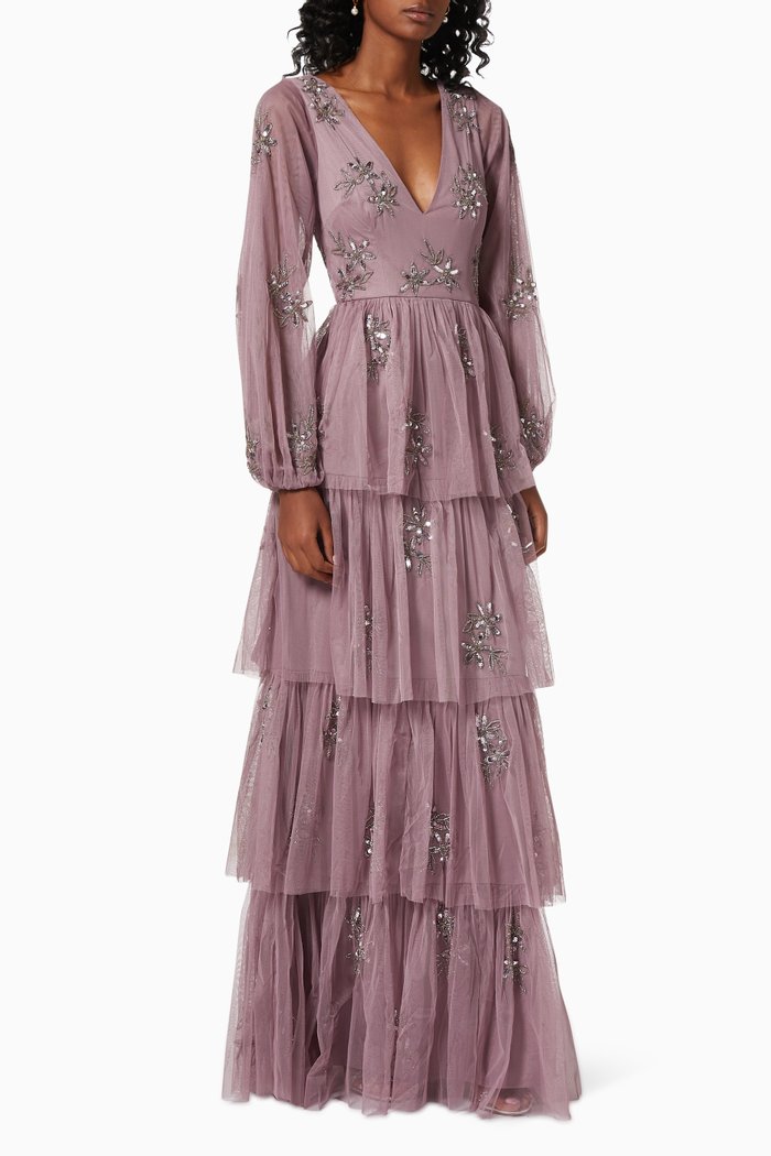 

Tiered Gown in Embroidered Tulle, Purple