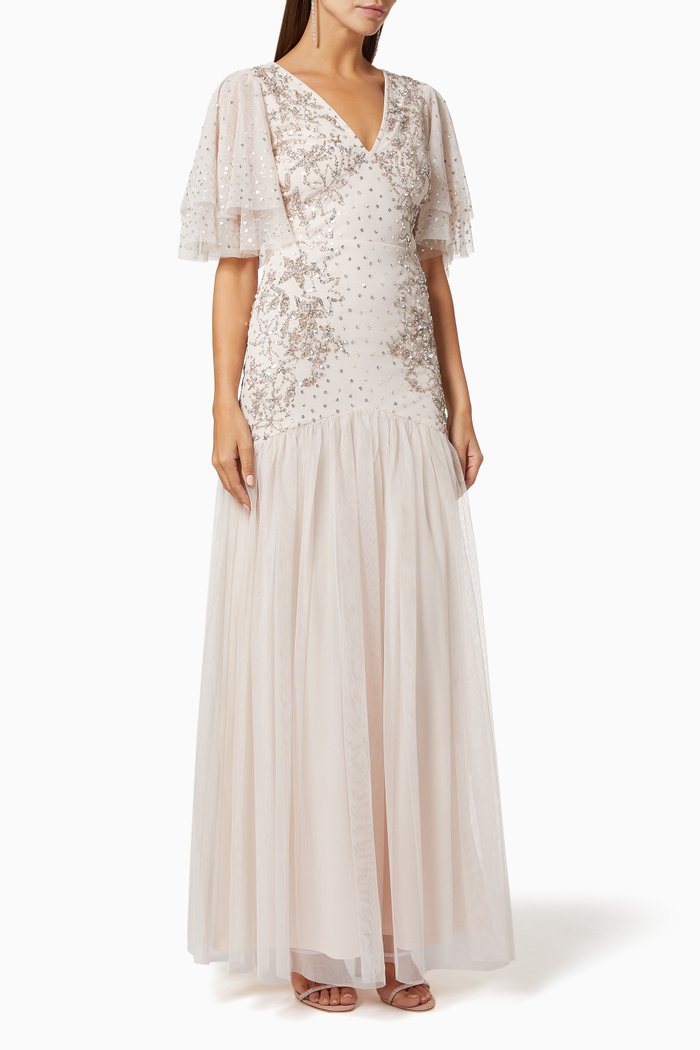 

Waterfall Sleeve Dress in Sequin Tulle, Pink