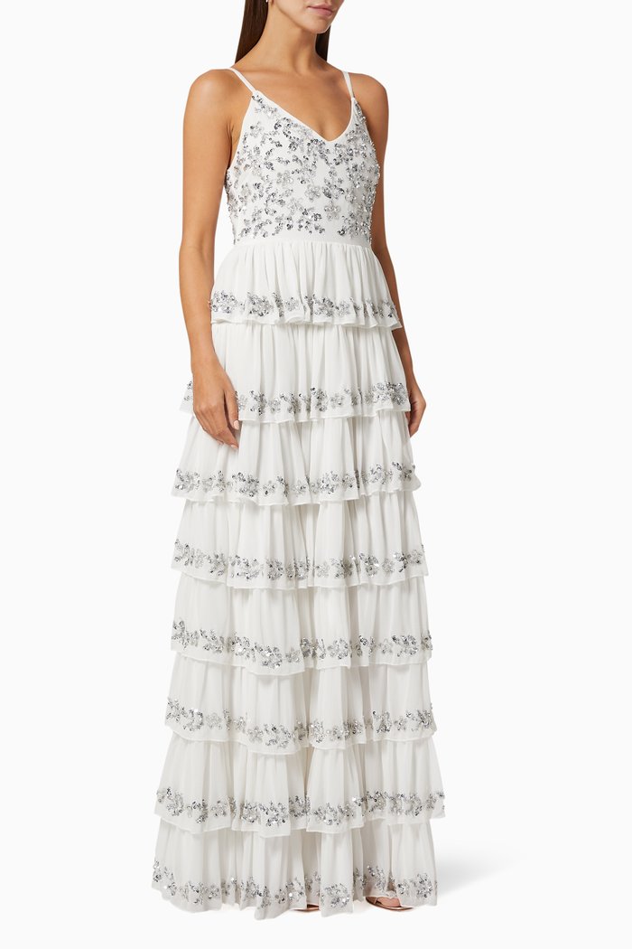 

Tiered Cami Dress with Sequin Embroidery, White