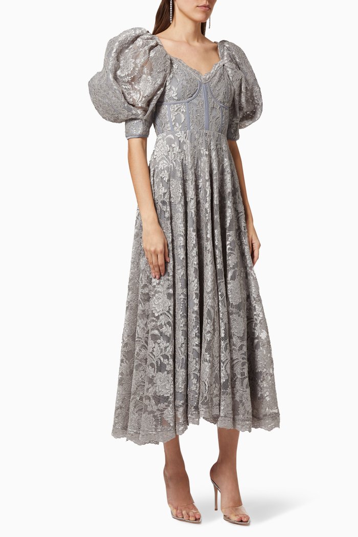 Puff Sleeve Dress in Lace, Grey