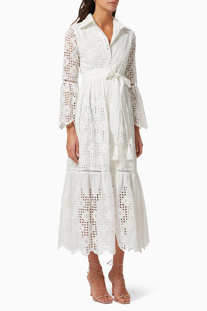 Lace Shirt Dress with Belt, White