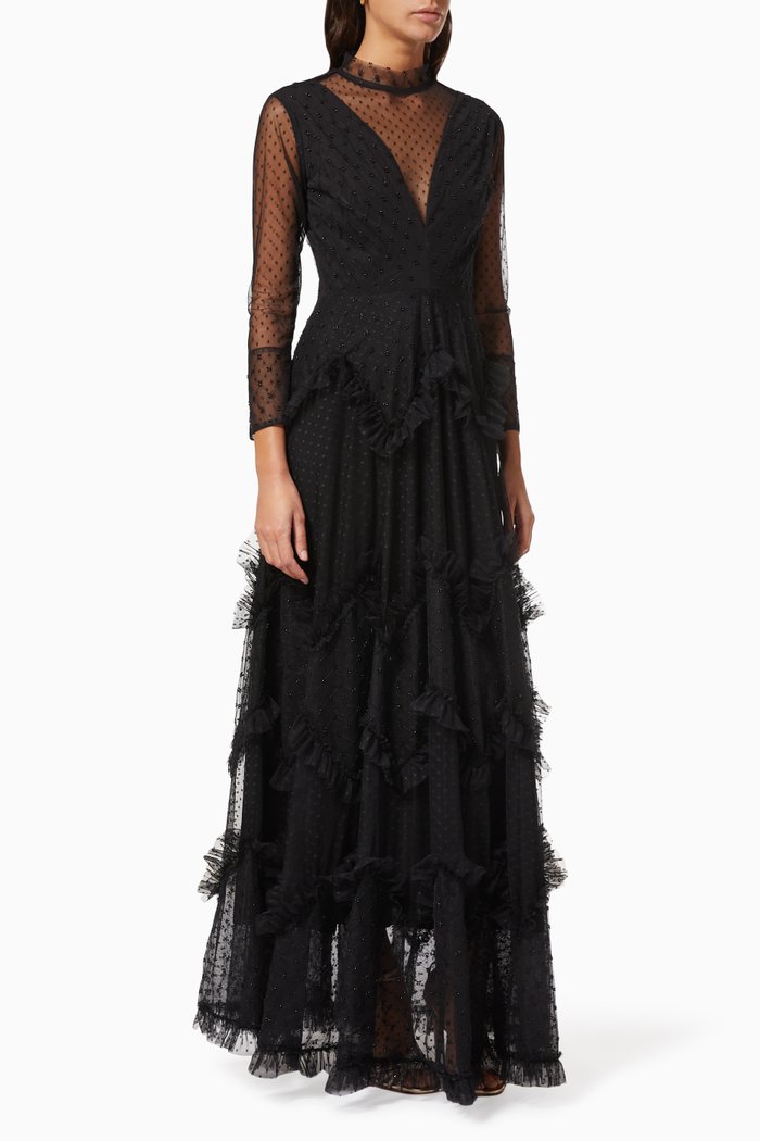 

Tiered Frill Dress with Beaded Embroidery, Black