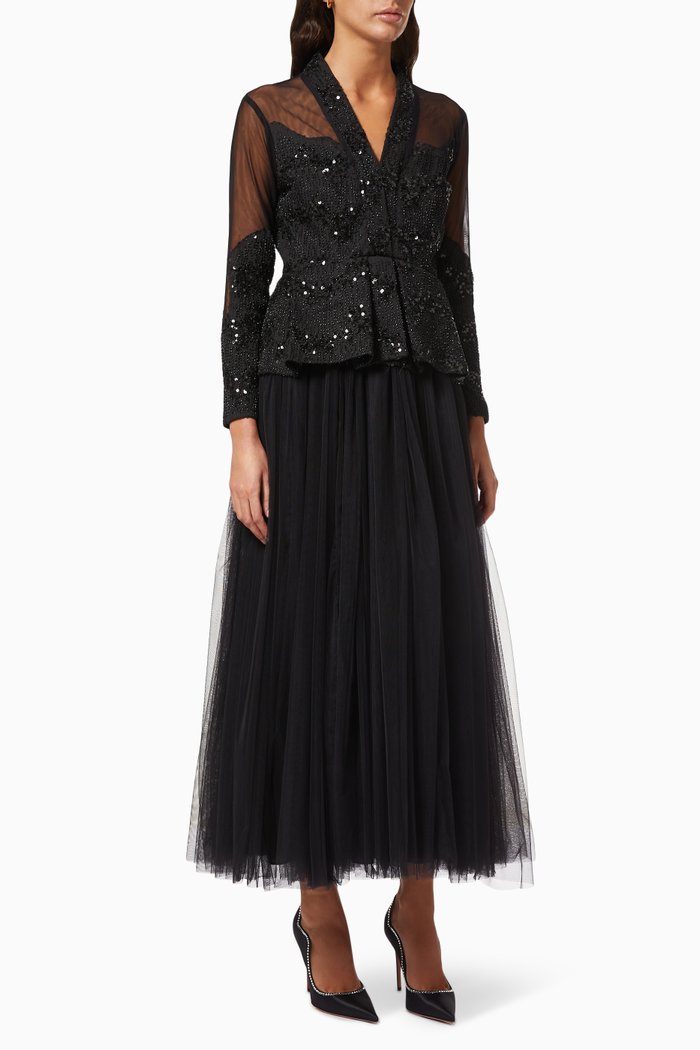 

Peplum Dress with Beaded Embroidery, Black