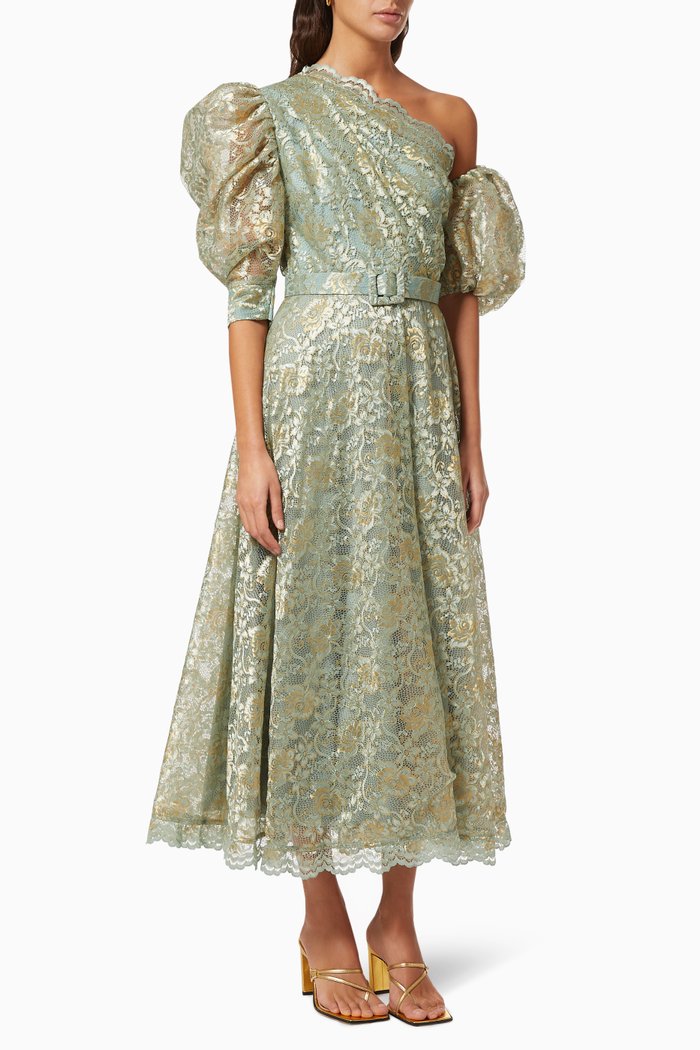 

Shimmer Lace Dress with Belt, Green