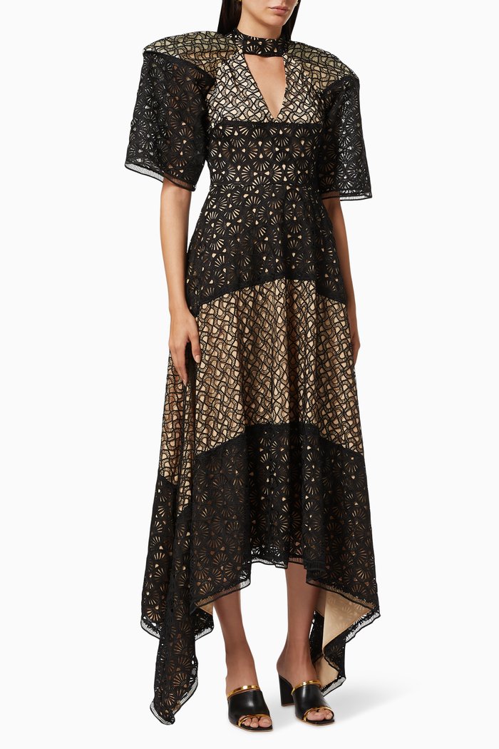 

Colour Block Dress with Floral Embroidery, Black