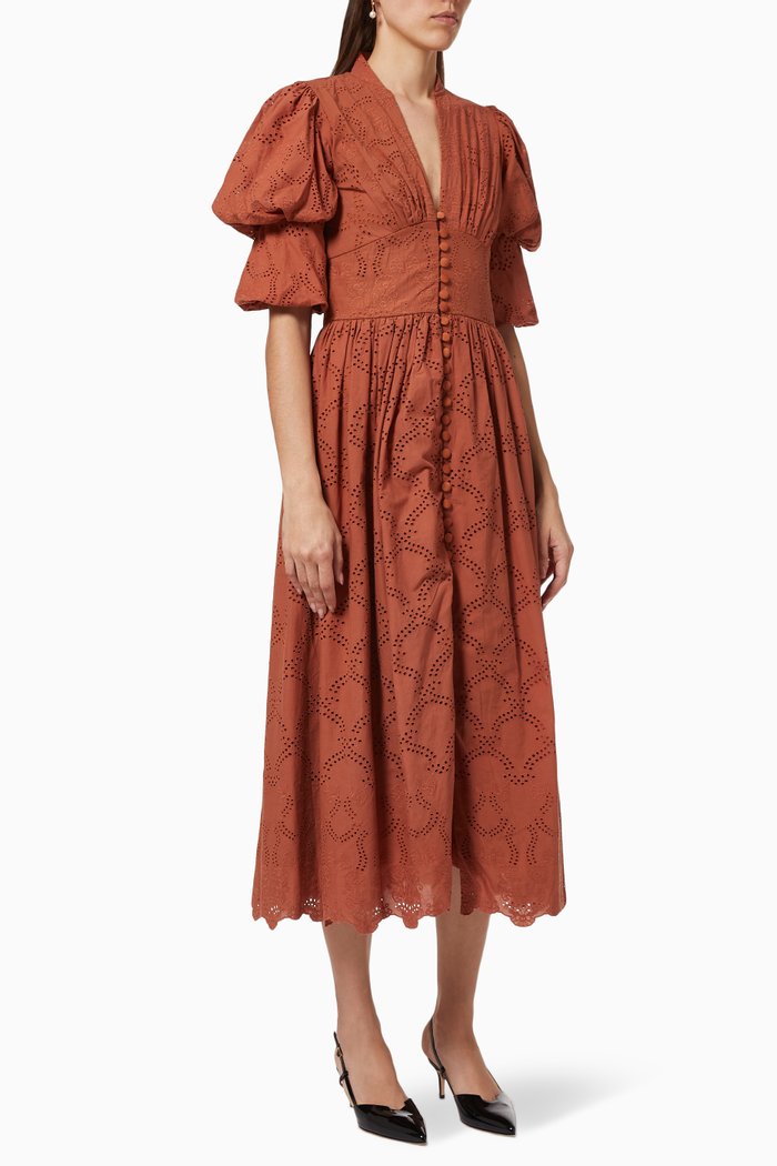 

Broderie Anglaise Dress in Cotton, Brown