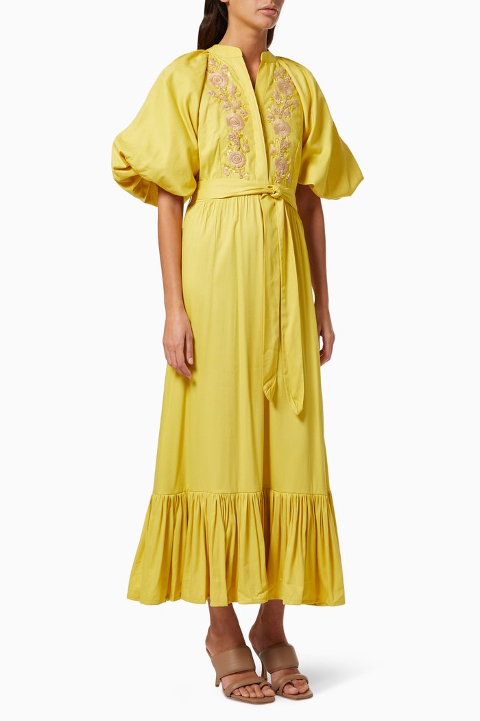 

Puff Shirt Dress with Floral Embroidery, Yellow