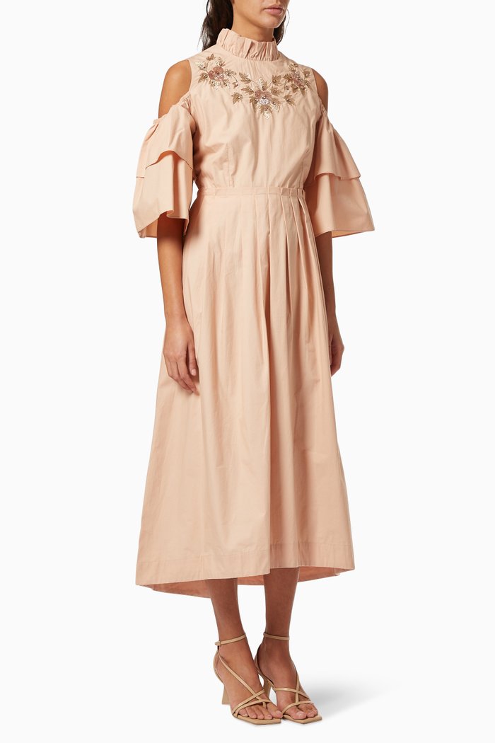 

Bardot Dress with Floral Embroidery, Neutral