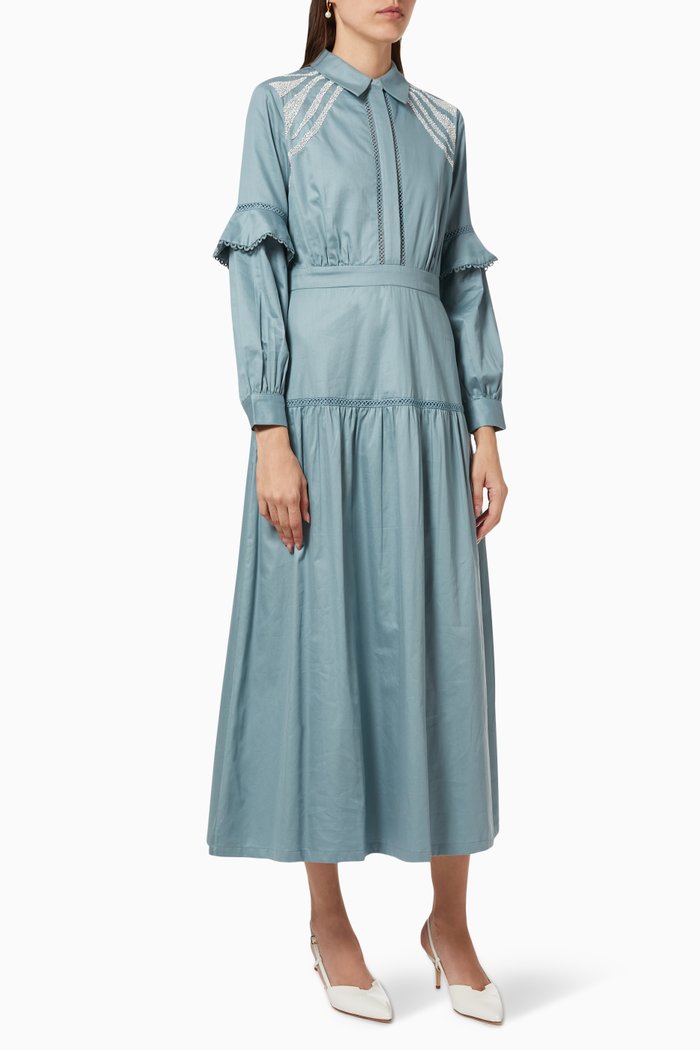 

Pleated Embroidered Shirt Dress, Blue