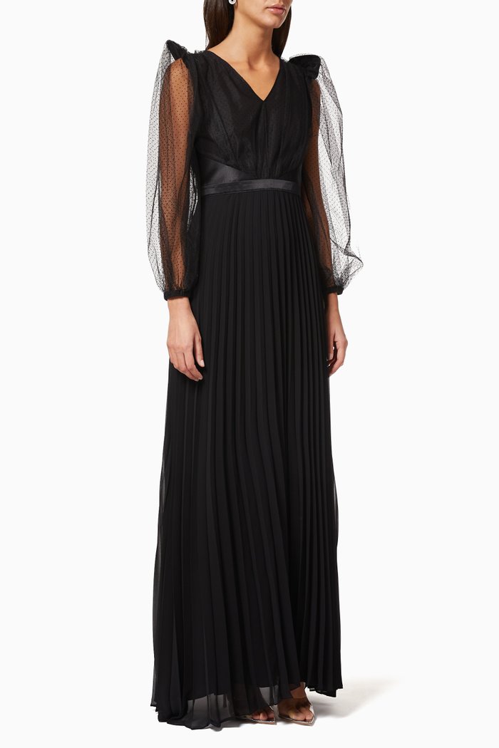 

Pleated Dress with Tulle Sleeves, Black