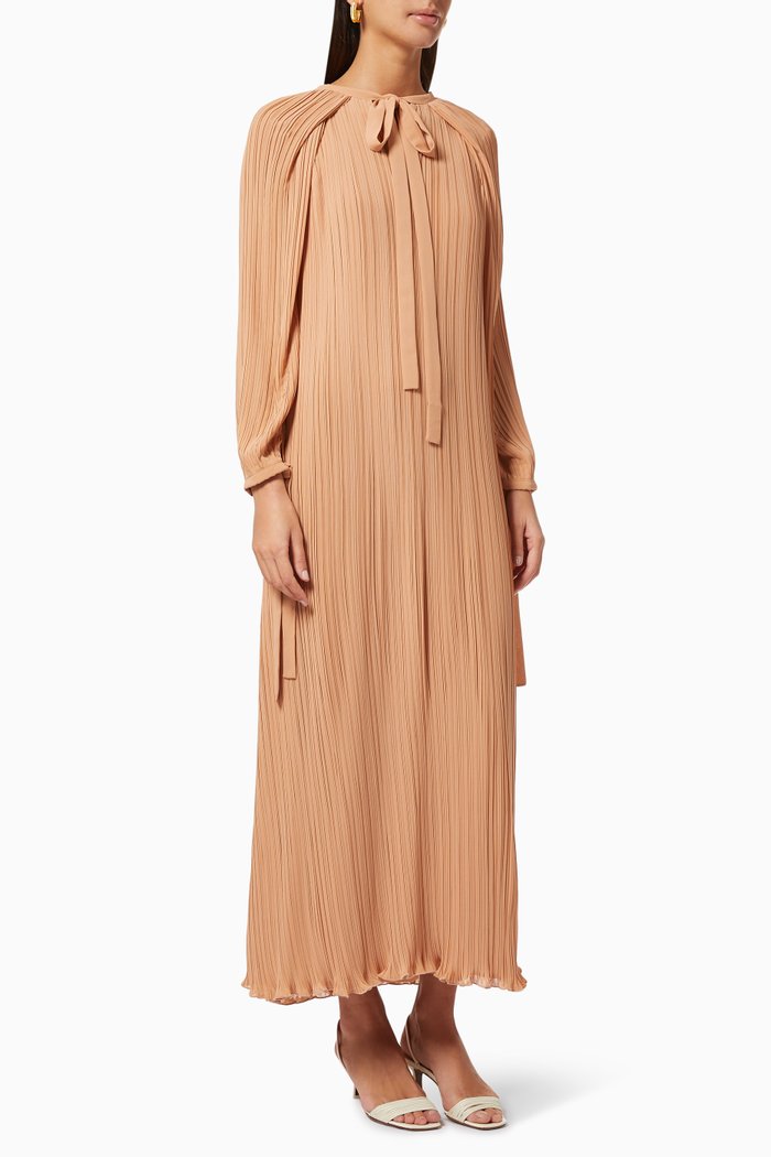 

Pleated Dress with Bow, Neutral
