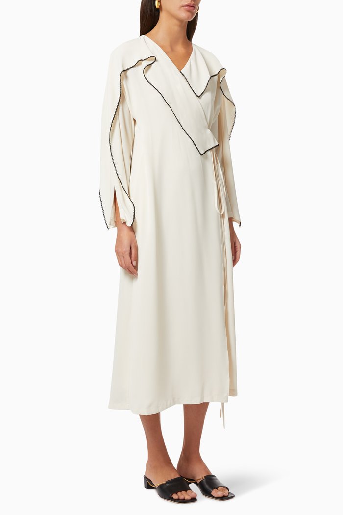 Wrap Dress with Embroidered Trim, Neutral