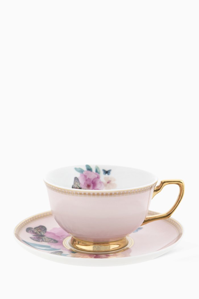 Butterfly Garden Teacup & Saucer in New Bone China, Pink