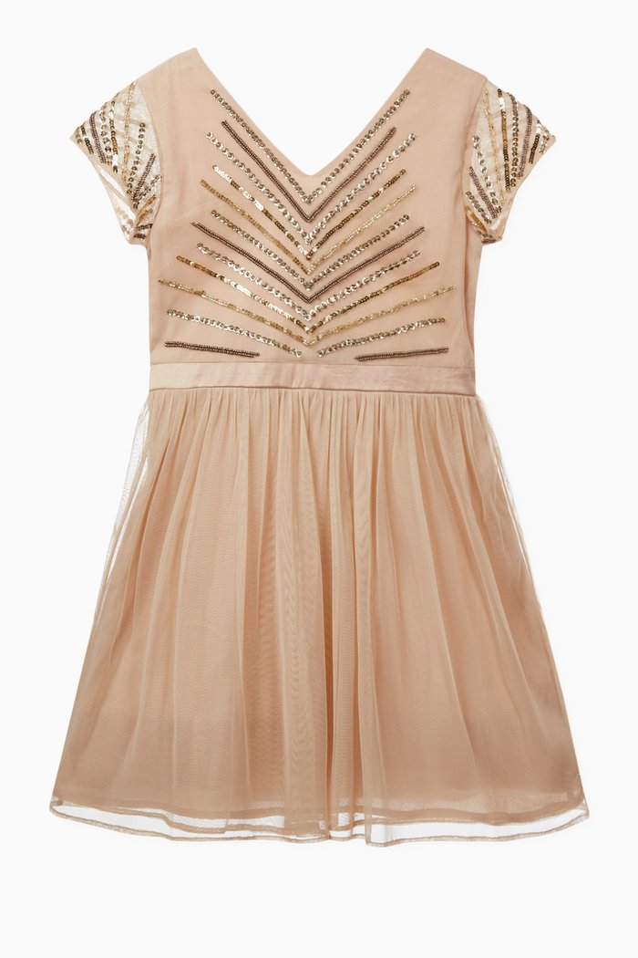 Tulle Dress with Beaded Embroidery, Gold