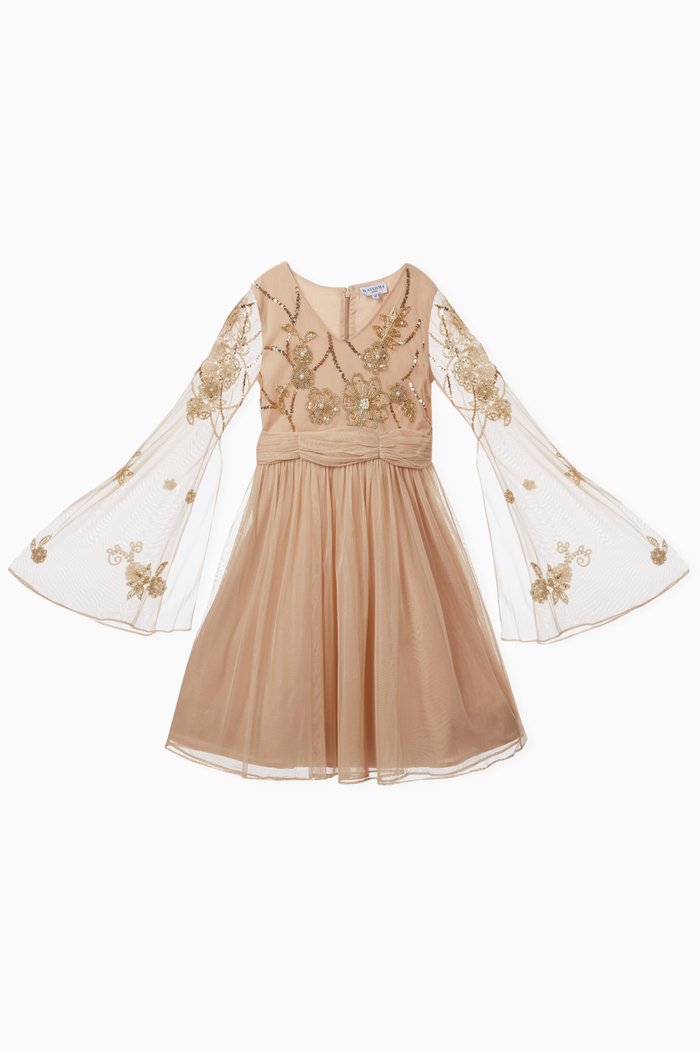 

Ruched Dress with Floral Embroidery, Gold