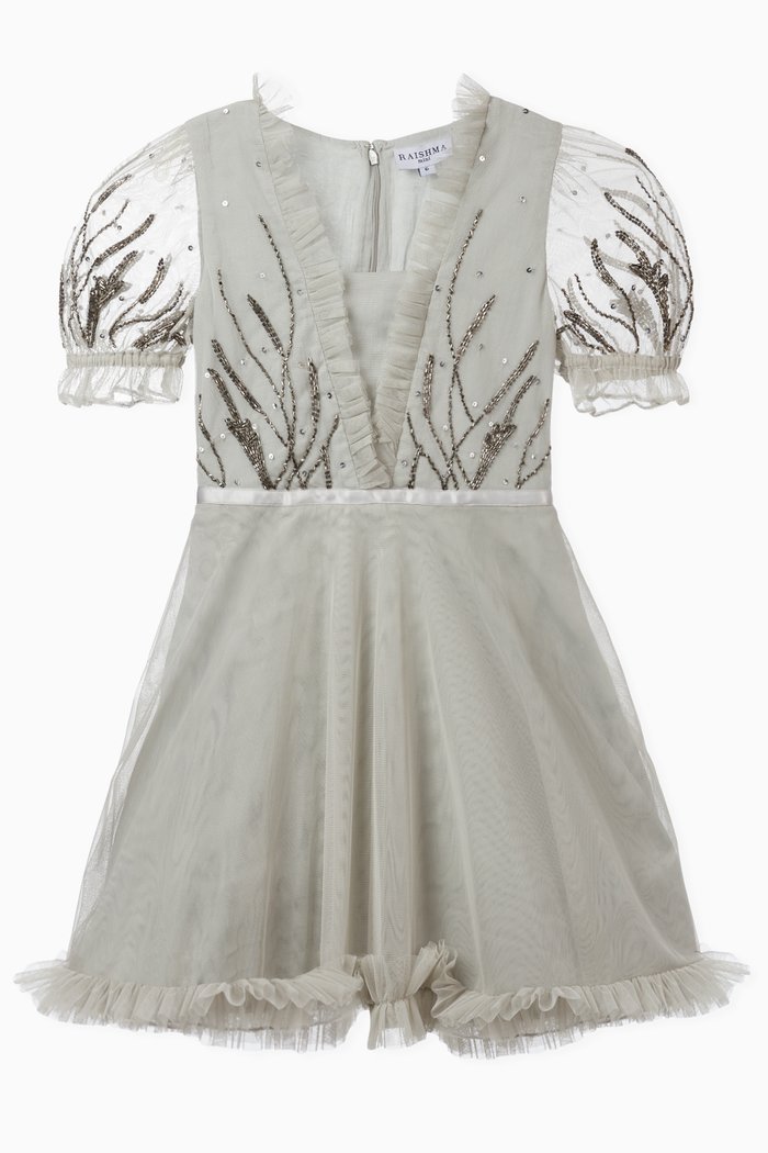 

Ruffle Dress with Floral Embroidery, Silver