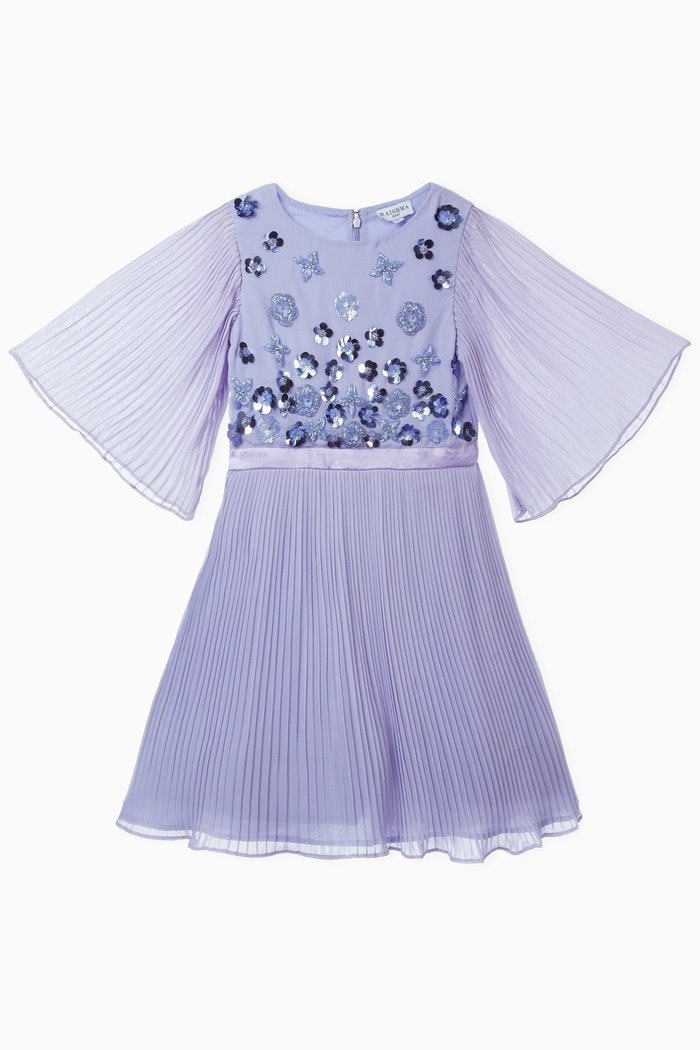 

Pleated Dress with Floral Embroidery, Purple