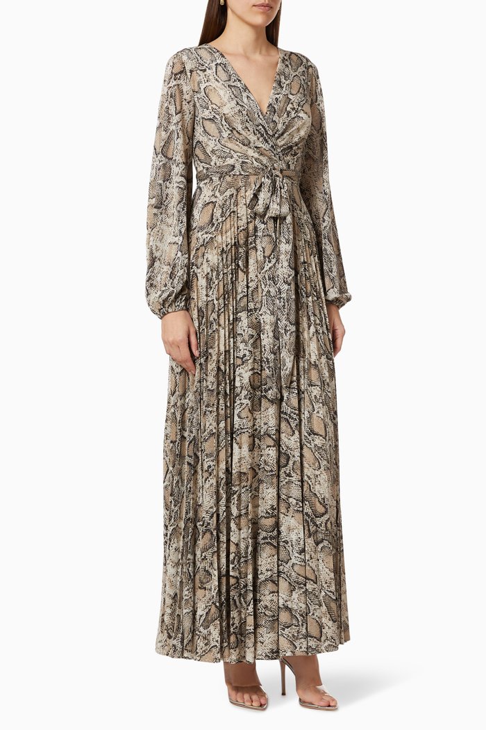 

Pleated Dress with Snakeskin Print, Brown