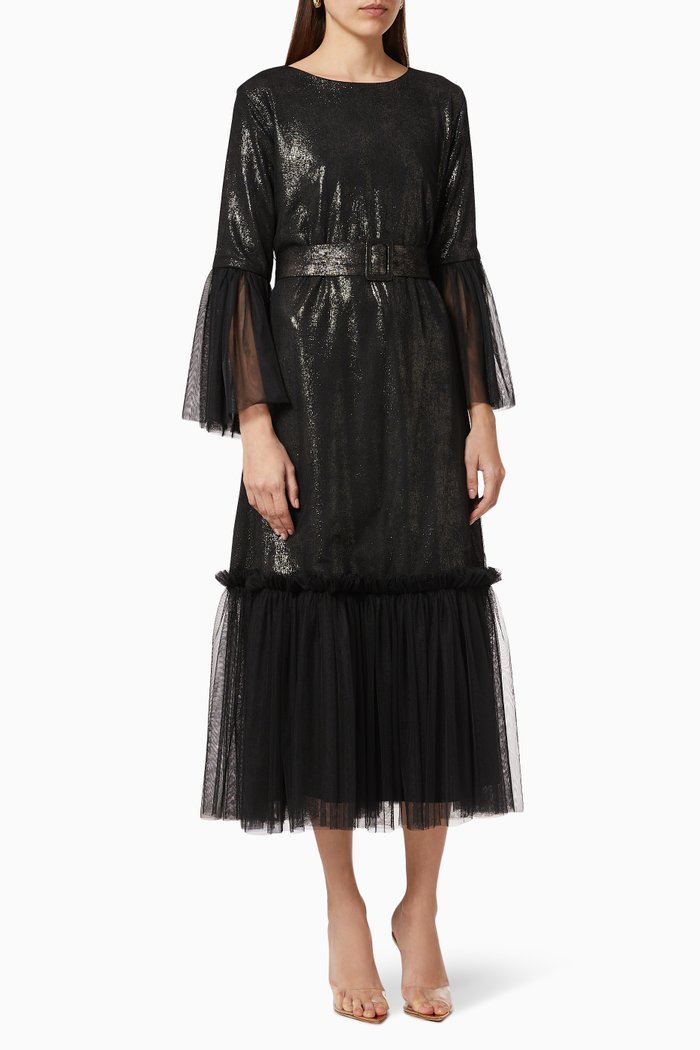 

Frill Dress with Belt, Black