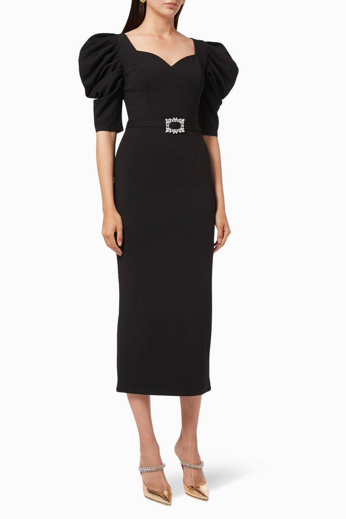 

Puff Sleeve Dress with Crystal Belt, Black