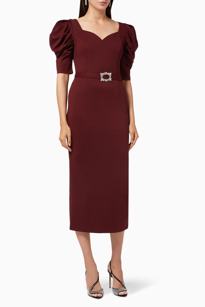 

Puff Sleeve Dress with Crystal Belt, Burgundy