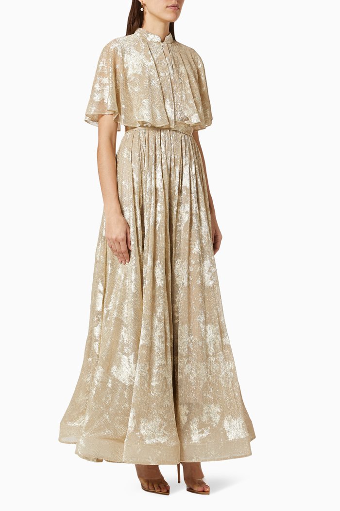 

Metallic Cape Dress with Belt, Gold