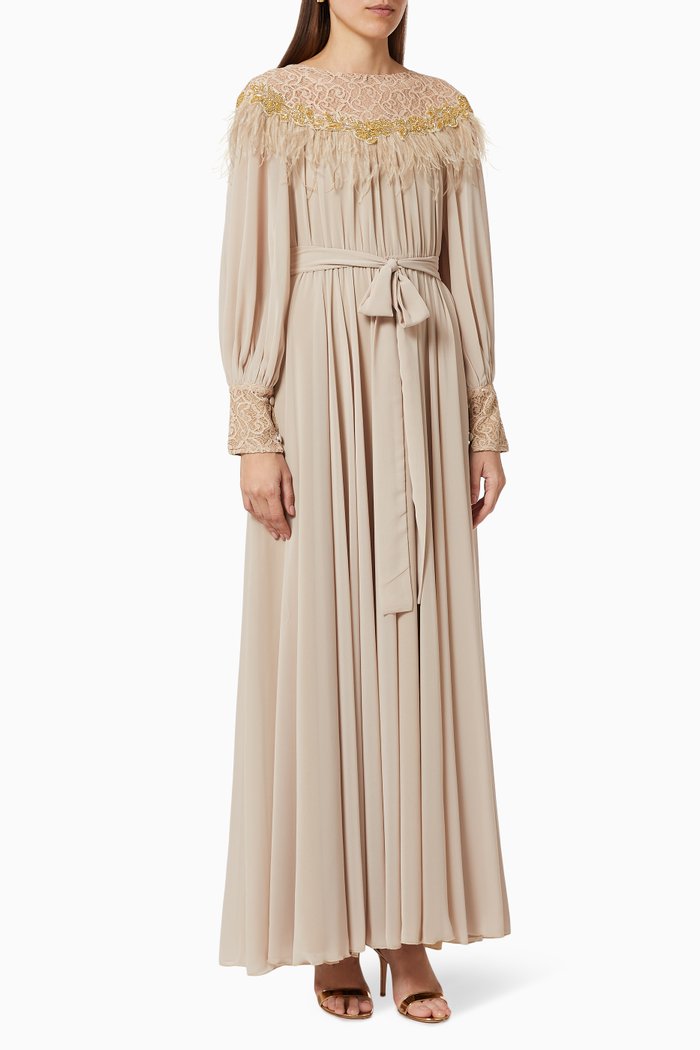 

Belted Dress with Lace Embroidery, Neutral