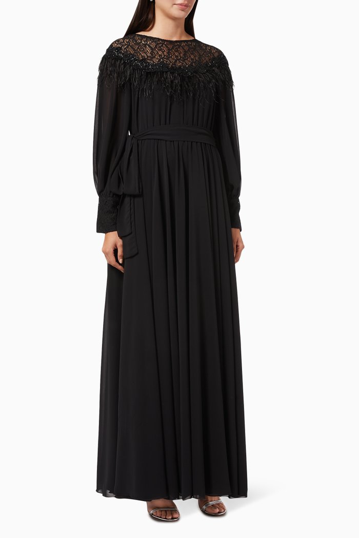 

Belted Dress with Lace Embroidery, Black