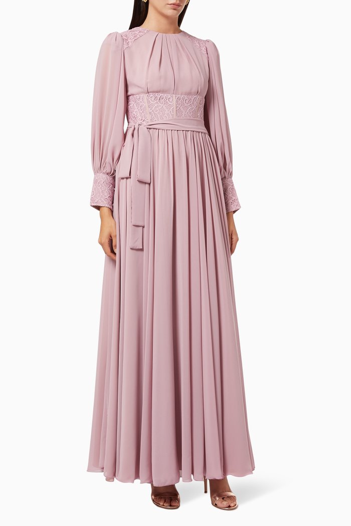 

Lace Embroidered Dress with Belt, Pink