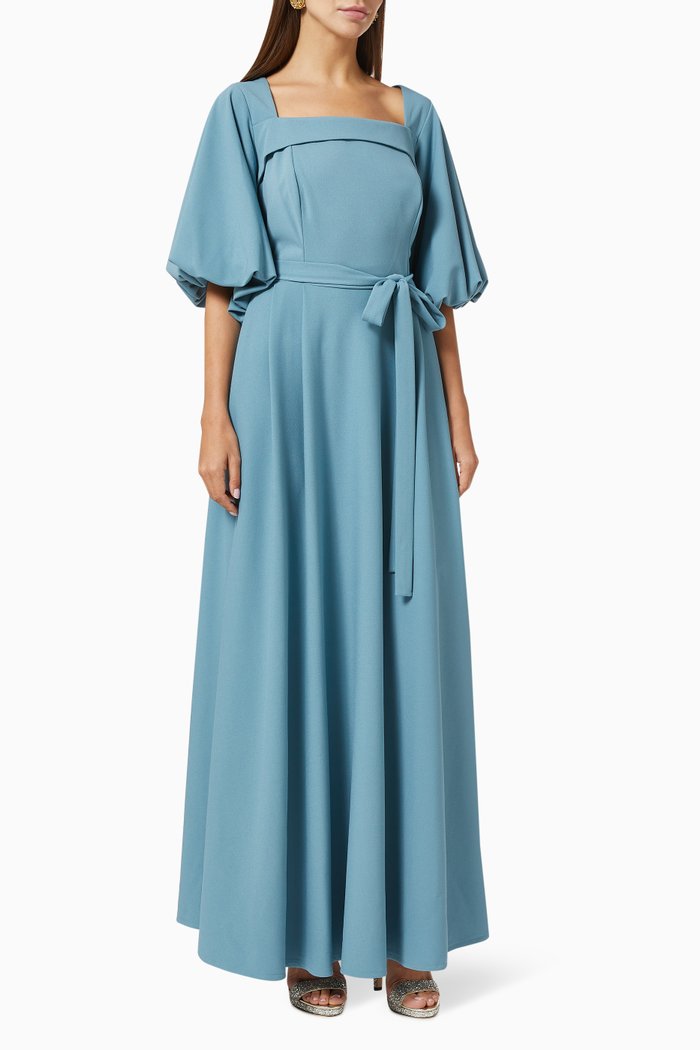 

Square-neck Belted Dress, Blue