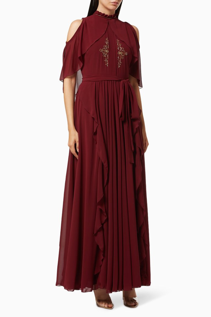 

Cold Shoulder Beaded Dress, Burgundy