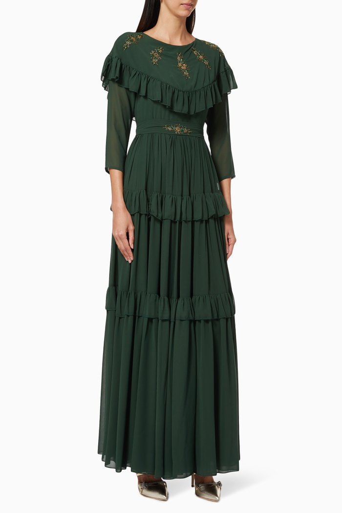Tiered Dress with Beaded Embroidery, Green