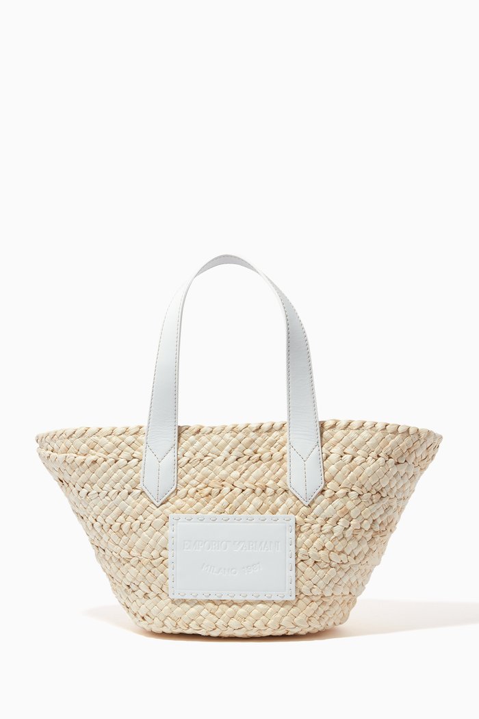 

EA Small Tote Bag in Raffia, Neutral