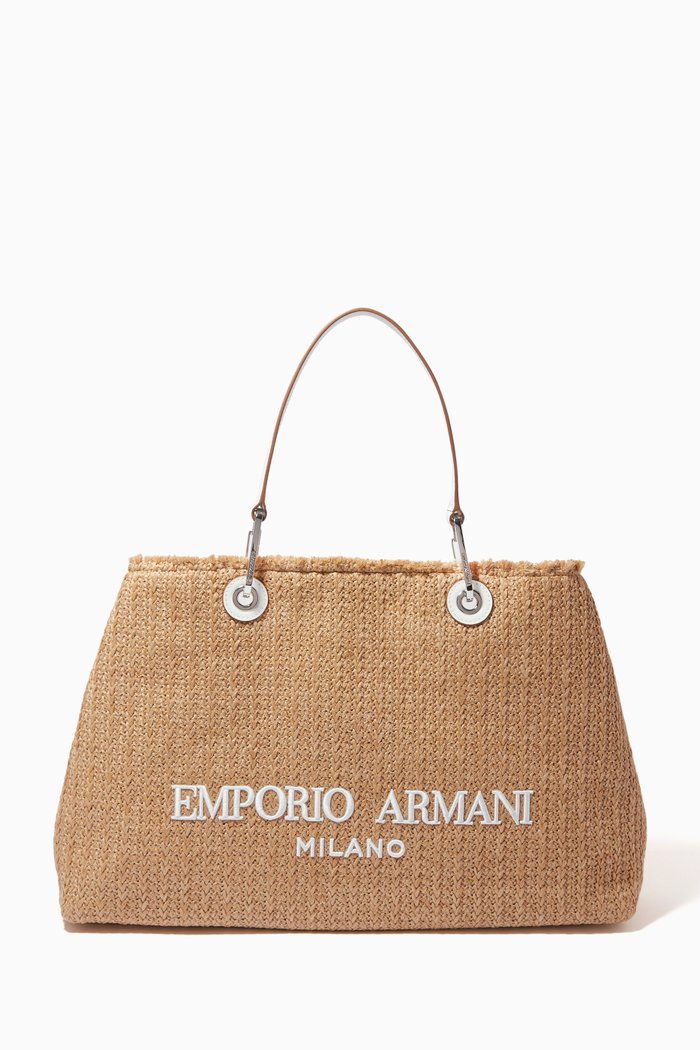 My EA Large Tote Bag in Raffia, Neutral