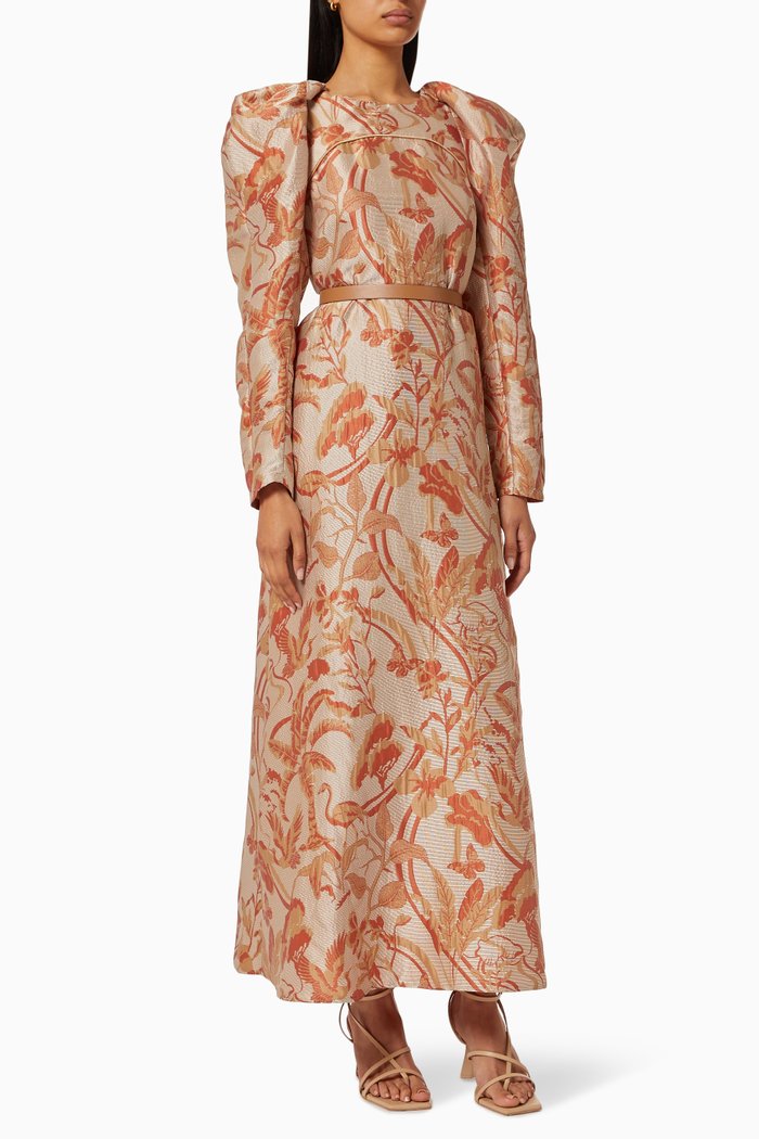Puff Belted Dress in Floral Jacquard, Orange